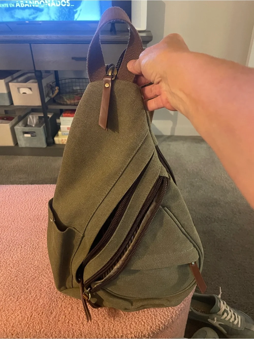 Antik Kraft Olive Canvas Sling Backpack with Brown Accents